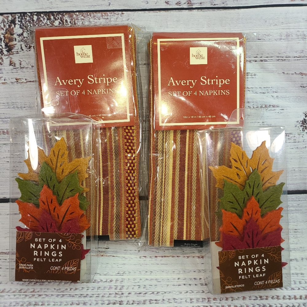 Avery Stripe Napkins and Leaf Napkin Rings Set